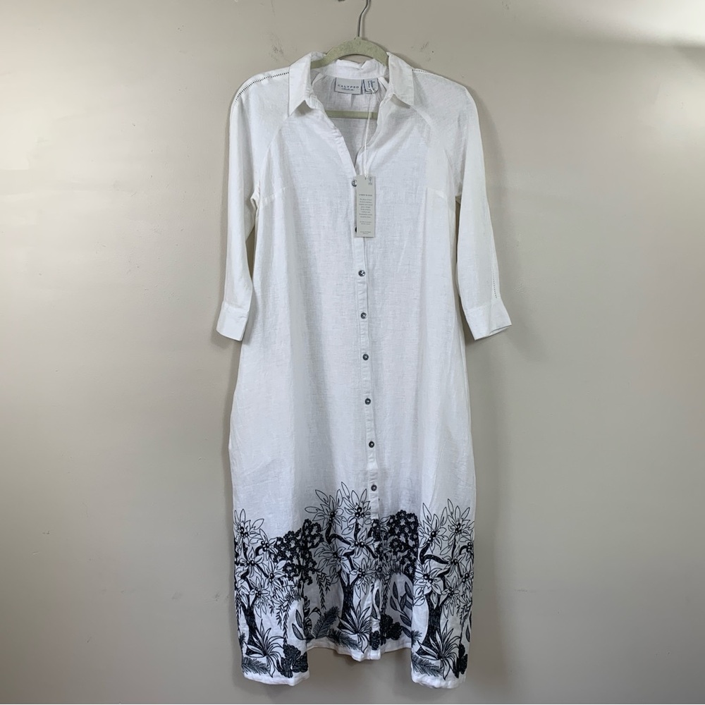 Calypso St. Barth Embroidered Linen Blend Button Up Maxi Shirtdress, Sz XSmall